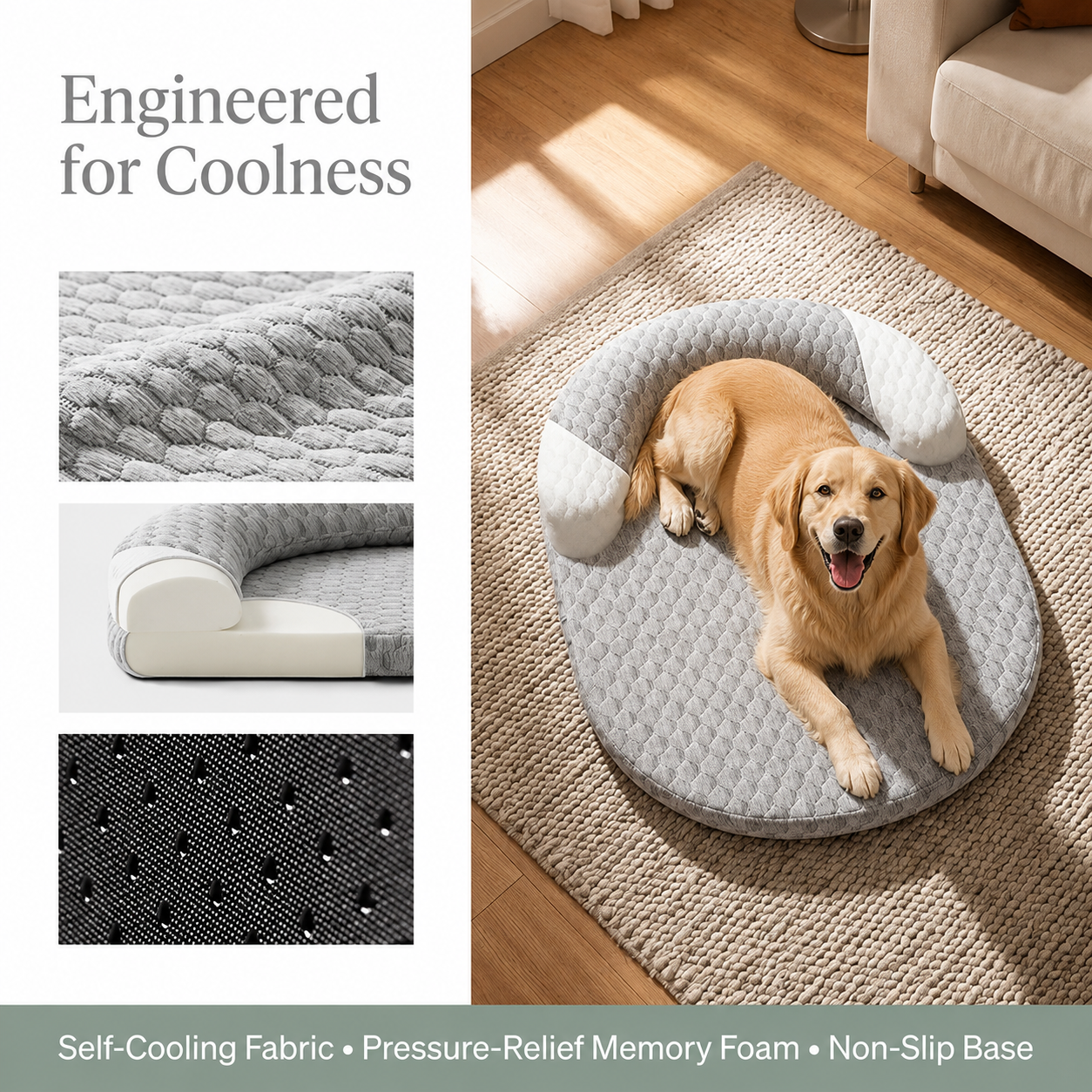 Cooling Orthopedic Dog Bed | Breathable Washable Pet Bed with Raised Edge | Non-Slip Summer Cooling Mat for Dogs & Cats